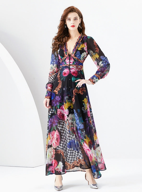 Chiffon Gauze Printed Long Sleeve Dress