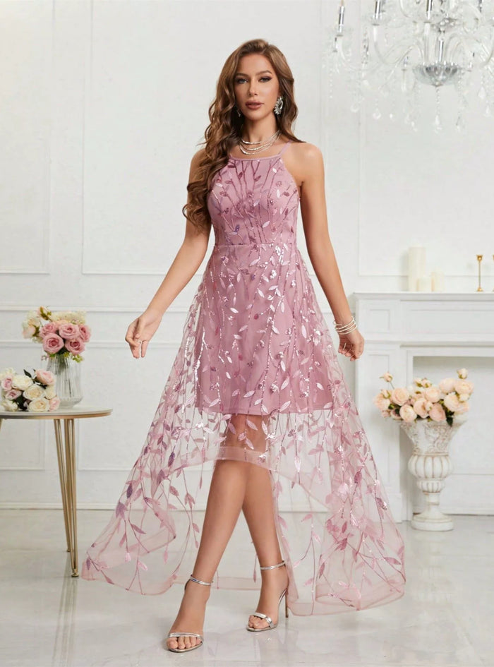 Pink Tulle Sequins Hi Lo Prom Dress