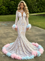 White Mermaid Sequins Long Sleeve Prom Dress