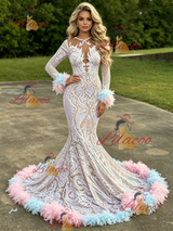 White Mermaid Sequins Long Sleeve Prom Dress