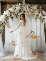 White Chiffon Long Sleeve V-neck Wedding Dress