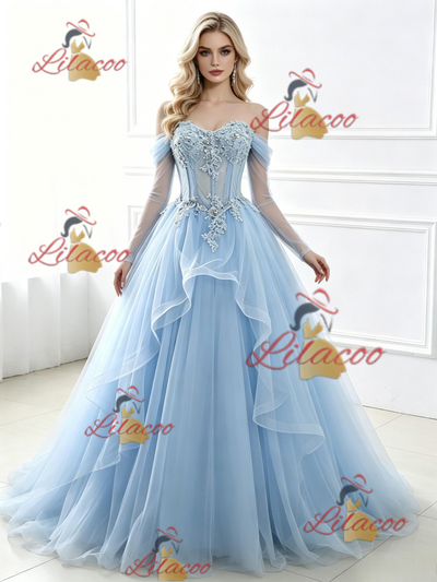 Blue Tulle Long Sleeve Appliques Prom Dress
