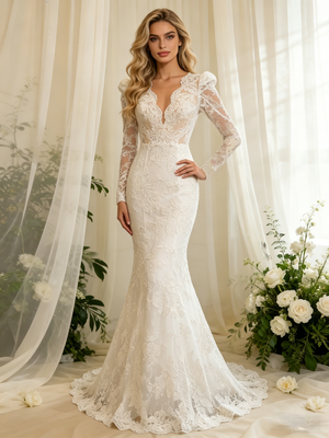 White Lace Long Sleeve V-neck Wedding Dress