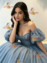White Tulle Puff Sleeve Beading Quinceanera Dress