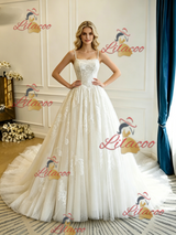 Beige White Tulle Lace Appliques Straps Wedding Dress