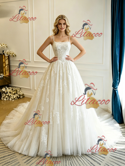 Beige White Tulle Lace Appliques Straps Wedding Dress