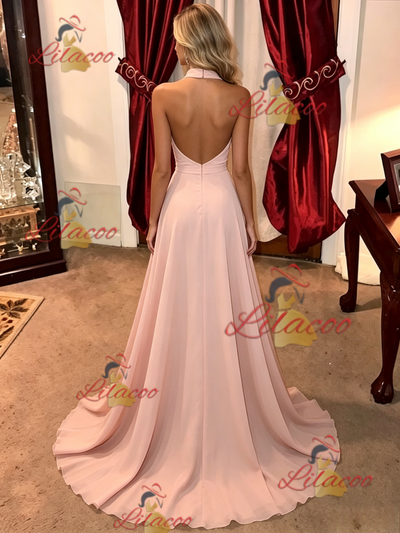 Pink Halter Backless Prom Dress