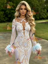 White Mermaid Sequins Long Sleeve Prom Dress