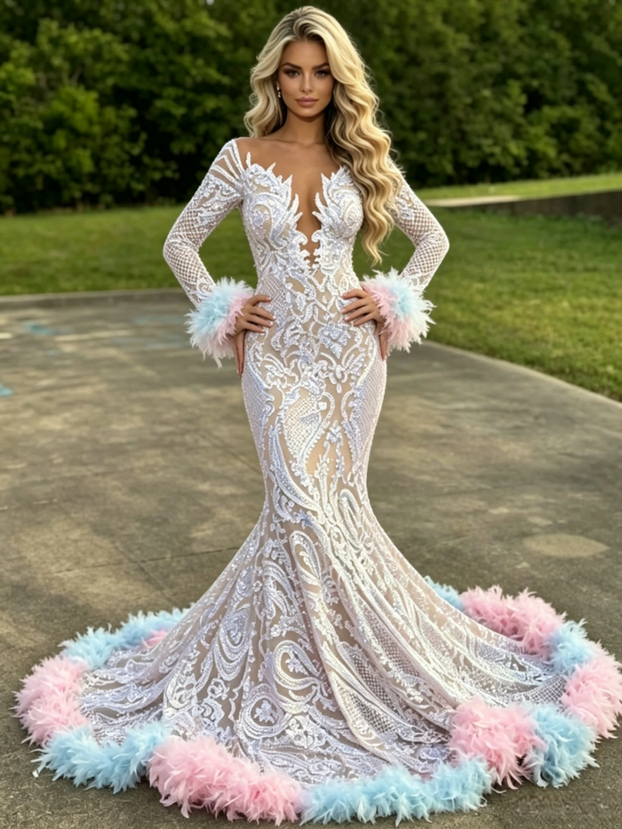 White Mermiad Sequins Long Sleeve Prom Dress