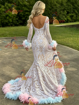 White Mermiad Sequins Long Sleeve Prom Dress