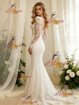 White Lace Long Sleeve V-neck Wedding Dress