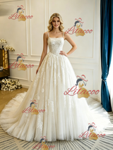 Beige White Tulle Lace Appliques Straps Wedding Dress