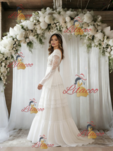 White Chiffon Long Sleeve V-neck Wedding Dress