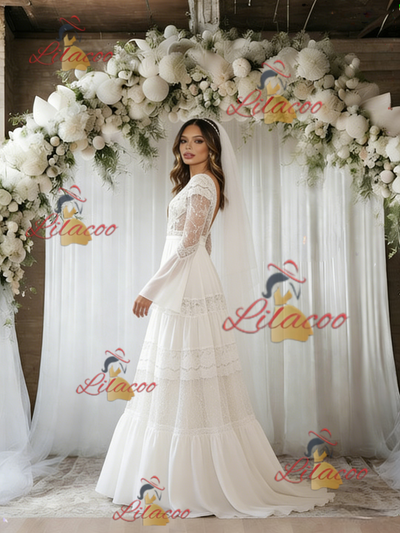 White Chiffon Long Sleeve V-neck Wedding Dress