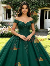 Green Tulle Off the Shoulder Appliques Quinceanera Dress