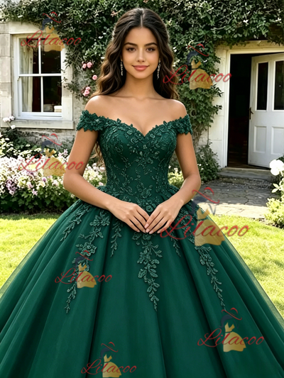 Green Tulle Off the Shoulder Appliques Quinceanera Dress