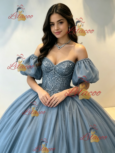 White Tulle Puff Sleeve Beading Quinceanera Dress