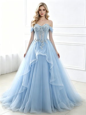 Blue Tulle Long Sleeve Appliques Prom Dress