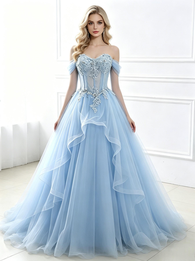 Blue Tulle Long Sleeve Appliques Prom Dress
