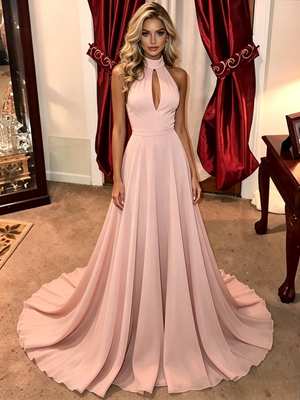 Pink Halter Backless Prom Dress