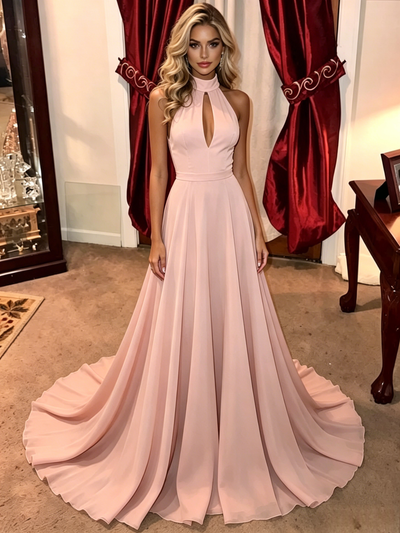 Pink Halter Backless Prom Dress