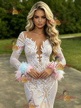 White Mermiad Sequins Long Sleeve Prom Dress