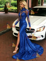 Royal Blue Sequins Long Sleeve Prom Dress