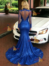 Royal Blue Sequins Long Sleeve Prom Dress