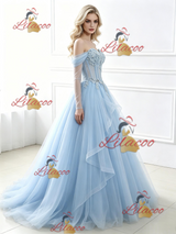 Blue Tulle Long Sleeve Appliques Prom Dress