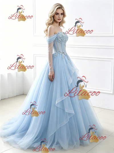 Blue Tulle Long Sleeve Appliques Prom Dress