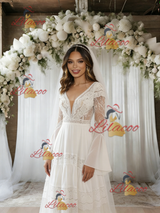 White Chiffon Long Sleeve V-neck Wedding Dress