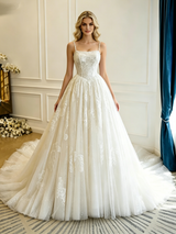 Beige White Tulle Lace Appliques Straps Wedding Dress