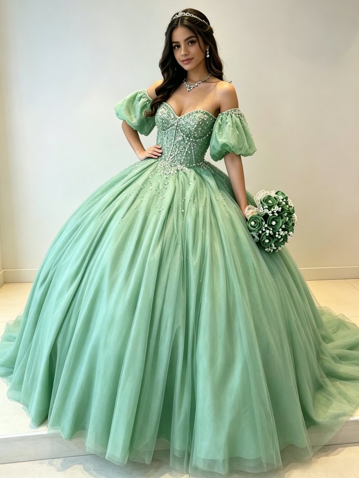 Green Tulle Puff Sleeve Beading Quinceanera Dress