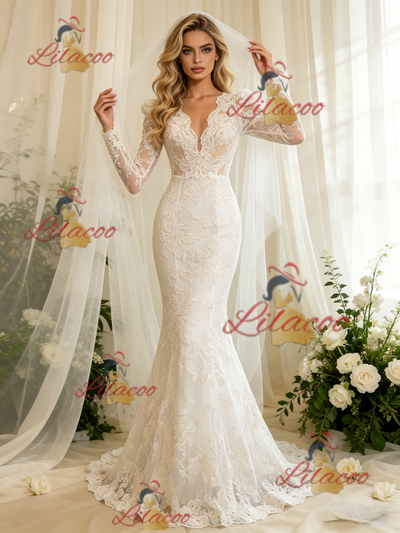 White Lace Long Sleeve V-neck Wedding Dress
