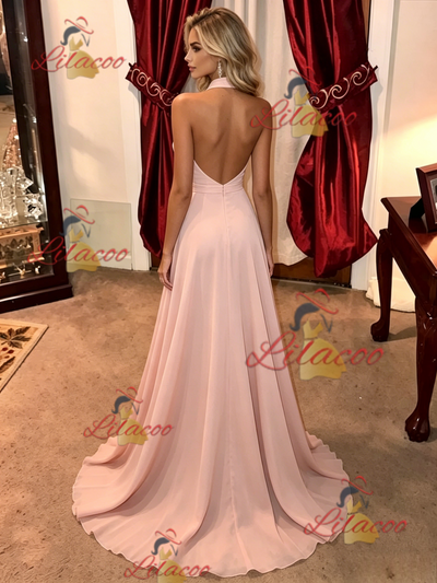 Pink Halter Backless Prom Dress