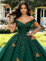 Green Tulle Off the Shoulder Appliques Quinceanera Dress