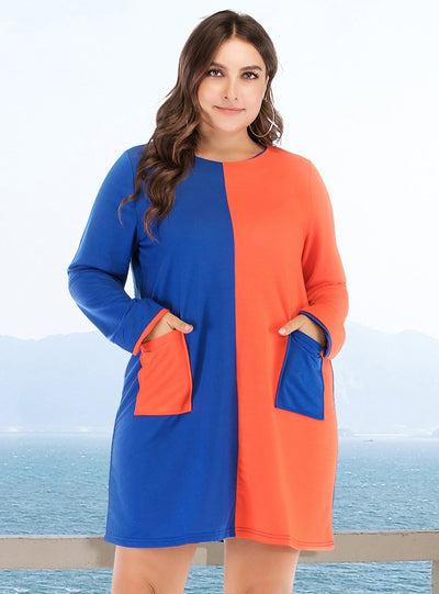 Loose Round Neck Contrast Long Sleeve Dress