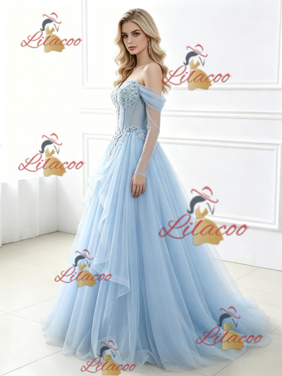 Blue Tulle Long Sleeve Appliques Prom Dress