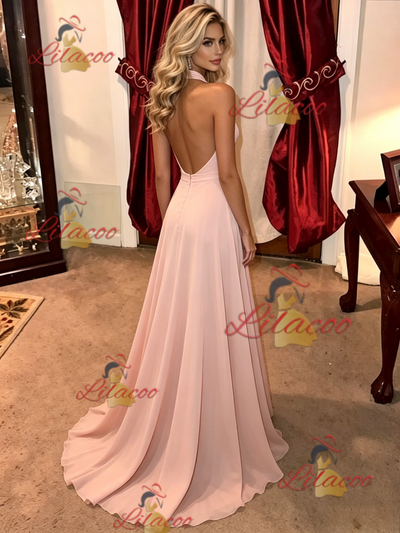 Pink Halter Backless Prom Dress