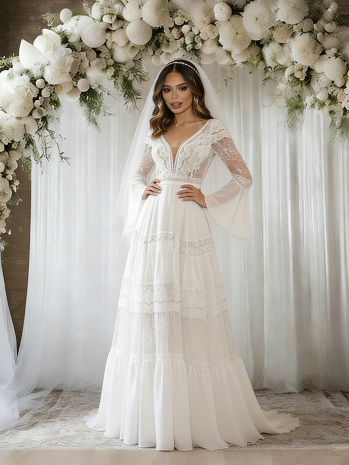 White Chiffon Long Sleeve V-neck Wedding Dress