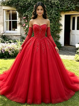 Red Tulle Long Sleeve Quinceanera Dress