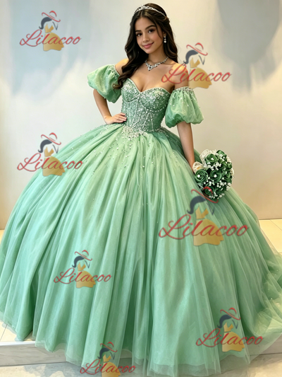 Green Tulle Puff Sleeve Beading Quinceanera Dress