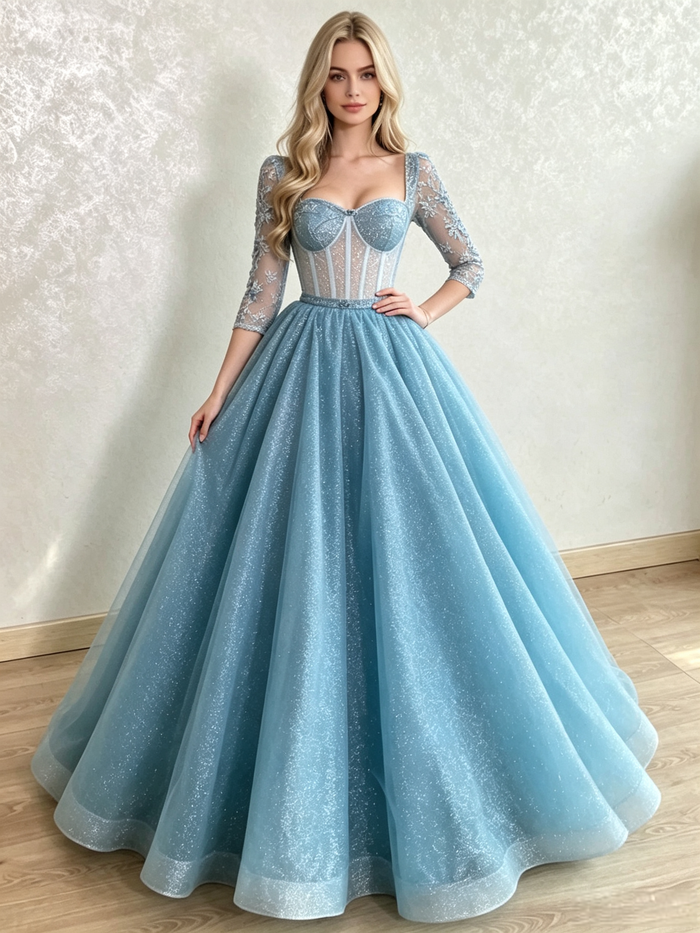 Blue Sequins Long Sleeve Appliques Prom Dress