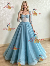 Blue Sequins Long Sleeve Appliques Prom Dress