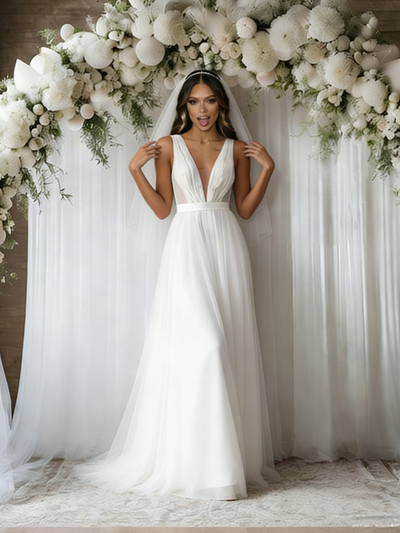 White Tulle V-neck Pleats Wedding Dress