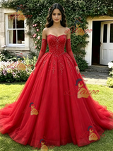 Red Tulle Long Sleeve Quinceanera Dress