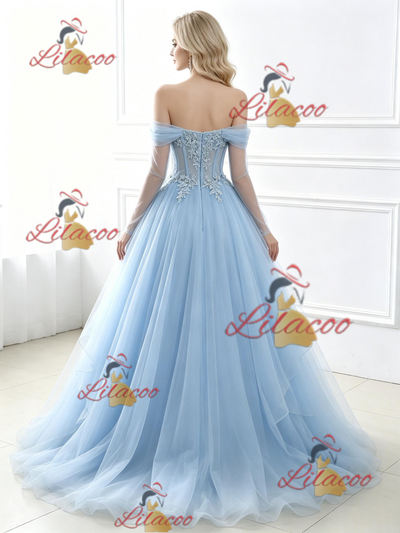 Blue Tulle Long Sleeve Appliques Prom Dress