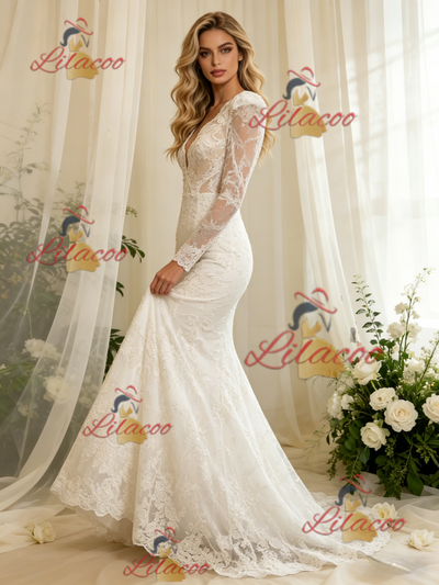 White Lace Long Sleeve V-neck Wedding Dress