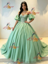 Green Tulle Puff Sleeve Beading Quinceanera Dress