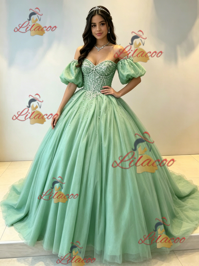Green Tulle Puff Sleeve Beading Quinceanera Dress